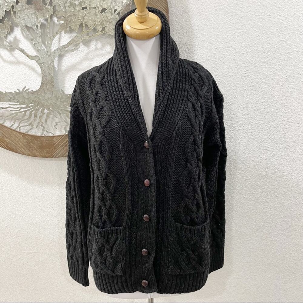 NWT Peregrine Wool Shawl Collar Cable Knit Cardigan Sweater Charcoal Gray Large